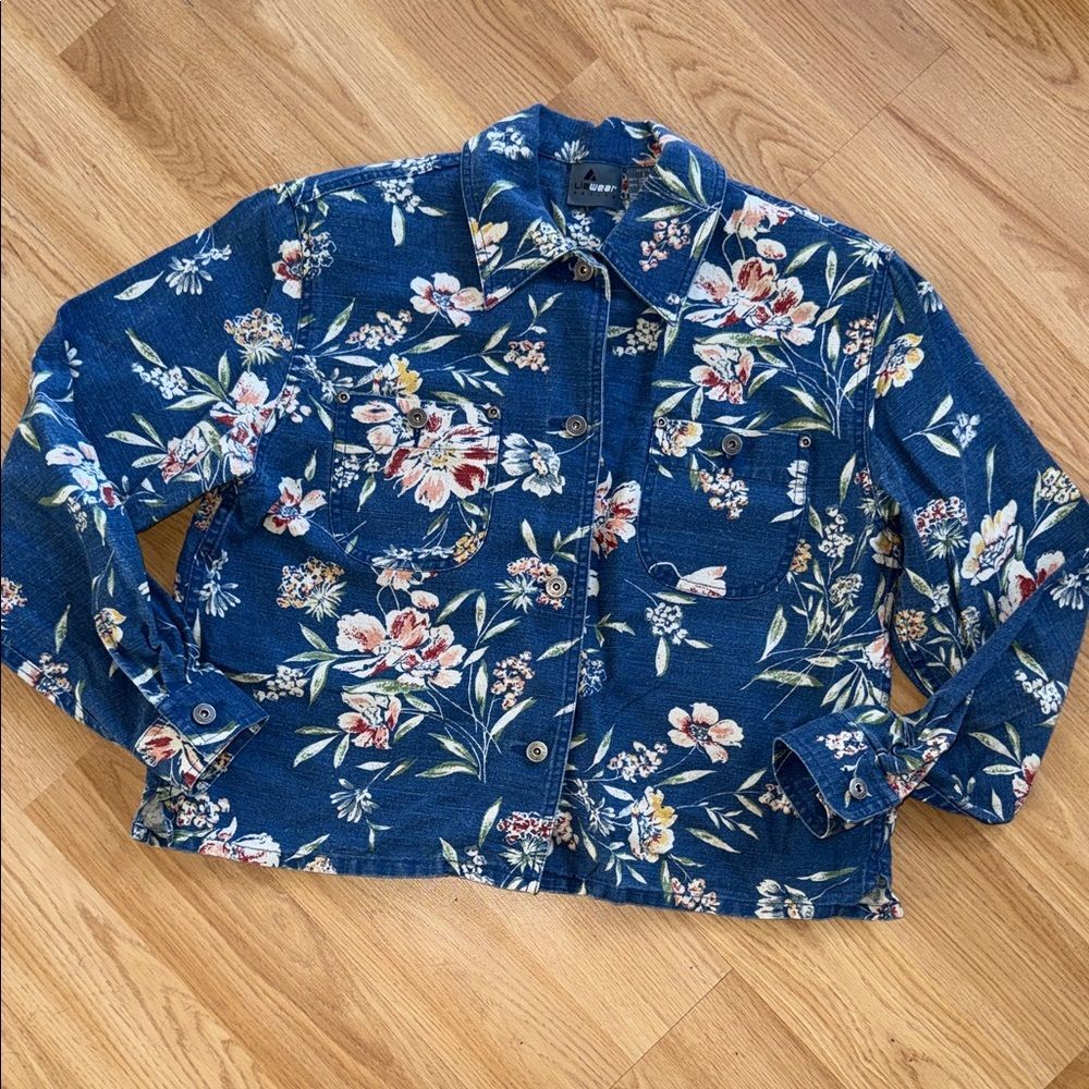 Vintage Liz Wear Claiborne Petite P Blue Floral Linen Cotton Button Front Top